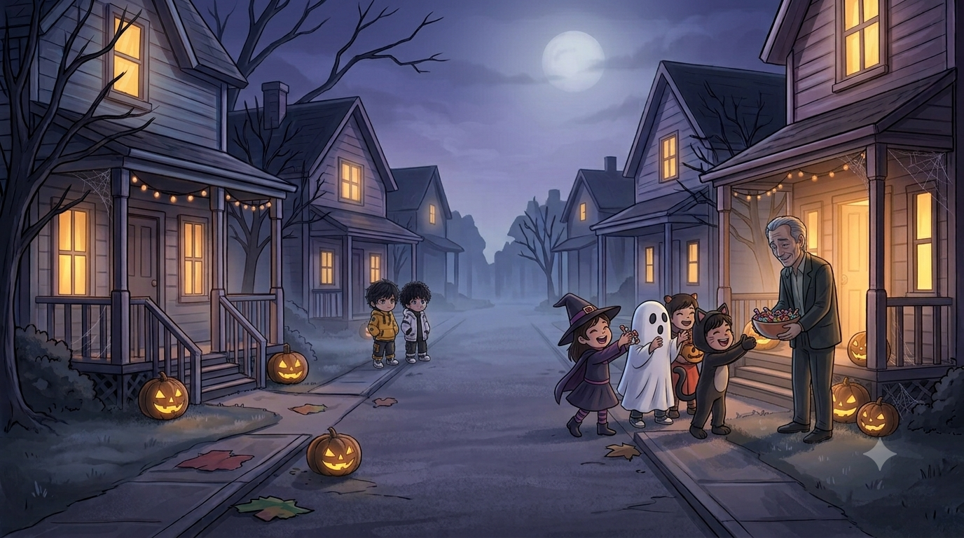 The next evening — the man warmly welcoming children at his door with treats, smiling as Abhay and Divyansh watch from a distance with quiet joy.